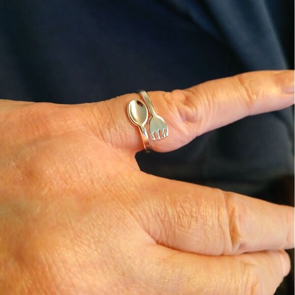 Silver Spoon Fork Wrap Ring Adjustable - Picture 2 of 4
